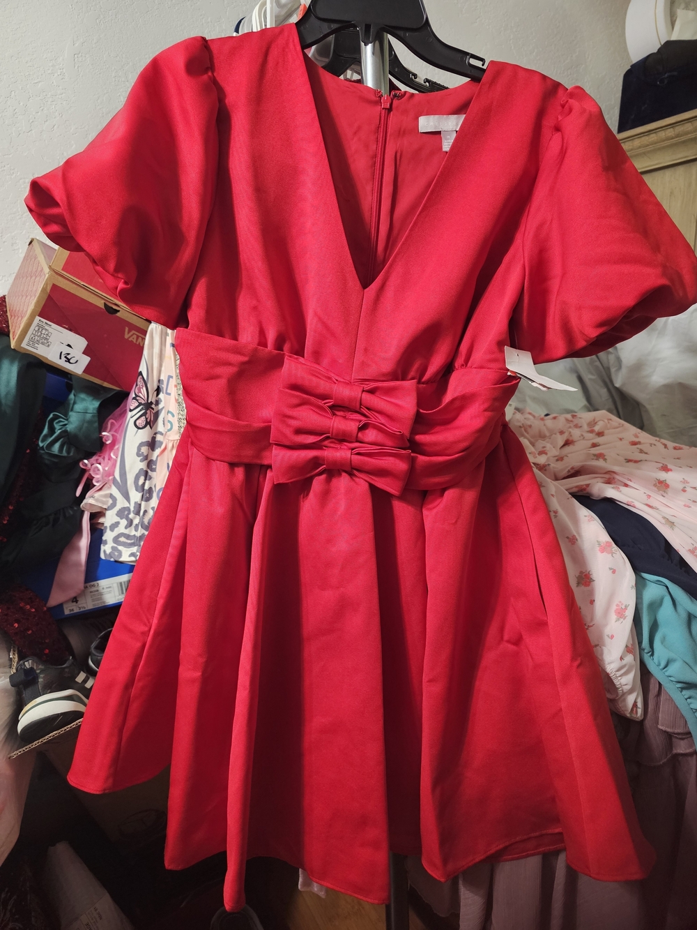 Chelsea28 Red Satin V‑Neck Mini Dress with Bow Waist
